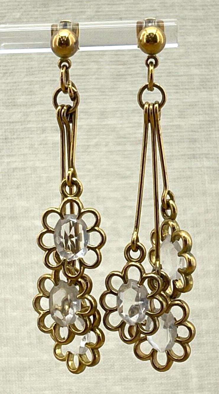 Flower Dangle Earrings Gold Tone and Clear Crystals with Secure Lock Back